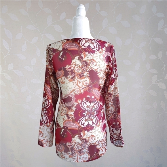 Vintage 90s Silk Retro Paisley Print Sheer Lace Up Tunic Top Red Orange XS - Picture 10 of 16